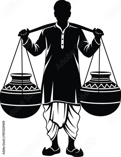 Traditional Indian Milkman Carrying Clay Pots on Shoulder Yoke, Rural Village Water Carrier, Black and White Vector Illustration, Cultural Heritage Art