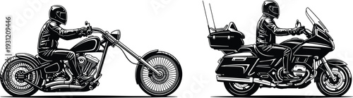 Vintage Custom Chopper and Modern Touring Motorcycle Illustration Set, Biker Riders in Black and White Engraving Style for Graphic Design