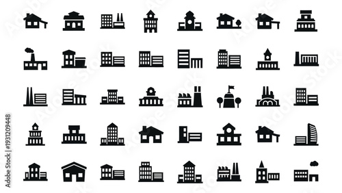 A collection of black and white icons depicting various industrial buildings isolated on white background, Vector