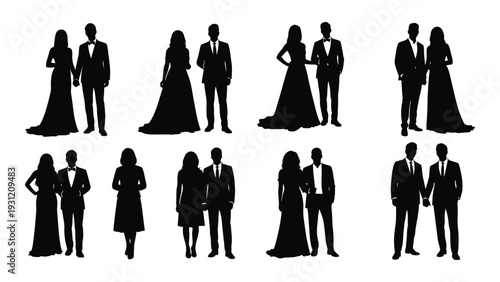 Black silhouettes of people in formal wear standing isolated on white background, Vector