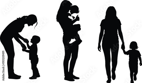 Adult and child silhouettes bonding, parenting, caregiving, family relationship vector illustration, holding hands, nurturing interaction, supportive design, artistic portrait graphics