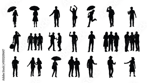 Collection of people silhouettes in various poses and actions isolated on white background, Vector