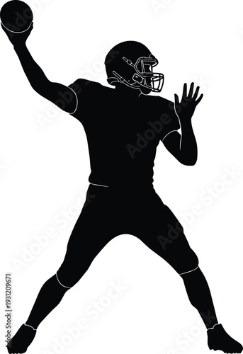 American football quarterback silhouette throwing ball, dynamic sports vector illustration, athlete in helmet preparing pass, competitive game action pose