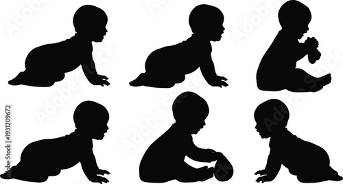 Baby silhouettes crawling figures, sitting postures, playful gestures, developmental stages, abstract vector illustration, black design elements, infant movement art