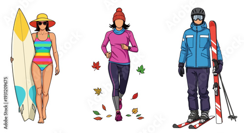 Active people enjoying surfing, running, and skiing in seasonal gear