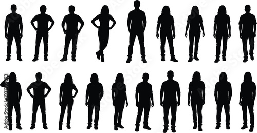 Human silhouettes collection, diverse standing poses, body language variations, posture gestures, abstract figures, black silhouettes, vector illustration design