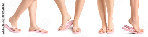 Fotografía Set of female legs in flip-flops on white background