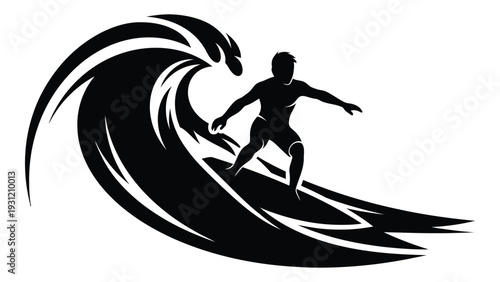 A silhouette of a surfer riding a wave isolated on white background, Vector