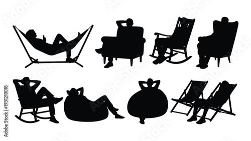 Silhouettes of people relaxing in various furniture isolated on white background, Vector