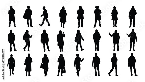 Collection of people in various poses and outfits in silhouette isolated on white background, Vector