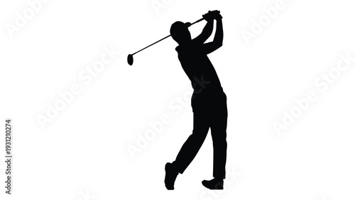 A black silhouette of a man playing golf isolated on white background, Vector