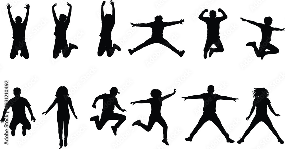 Fototapeta premium Jumping people silhouettes collection, dynamic human poses vector illustration, energetic movement icon design, expressive posture artwork, fitness activity graphic art