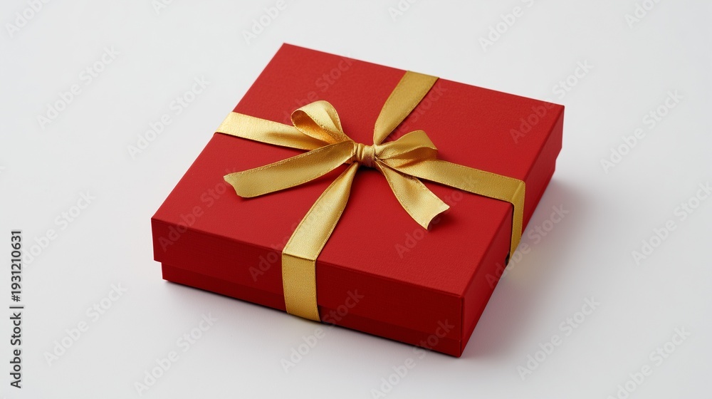 Fototapeta premium Single red shipping box wrapped with elegant gold ribbon, isolated on white background
