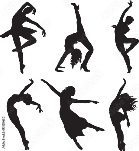 Silhouettes of dancers performing various acrobatic and contemporary dance moves