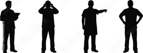 Black silhouette illustration of four people in distinct poses, gestures, and body language, communication and psychology study design