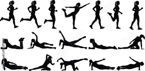 Black silhouette illustration of person performing running and floor exercises, stretching, planks, leg lifts, diverse physical fitness activity design