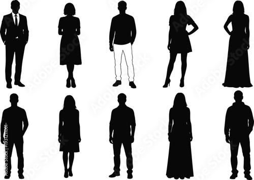 Black silhouette illustration of ten diverse individuals standing in varied postures, casual and formal clothing styles, identity variation design