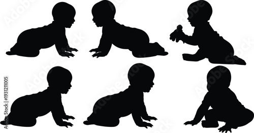 Black silhouette illustration of six crawling and sitting babies in varied poses, child development, playful gesture, infant motion design
