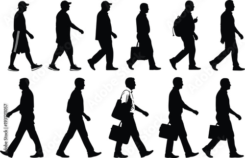Black silhouette illustration of ten walking figures, diverse postures, clothing variations, accessories, human gait study, movement comparison design