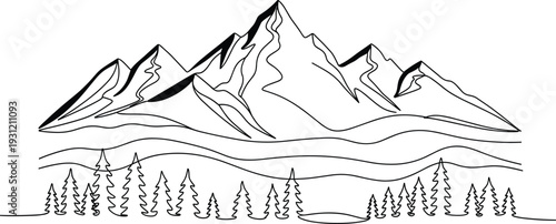 Mountain landscape vector illustration with jagged peaks, forest trees, stylized hills, nature scene, outdoor adventure, wilderness drawing, minimal line art
