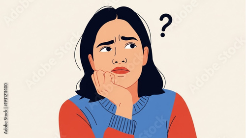 Young woman looking confused with a question mark above her head.