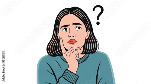 Young woman thinking with a question mark above her head.