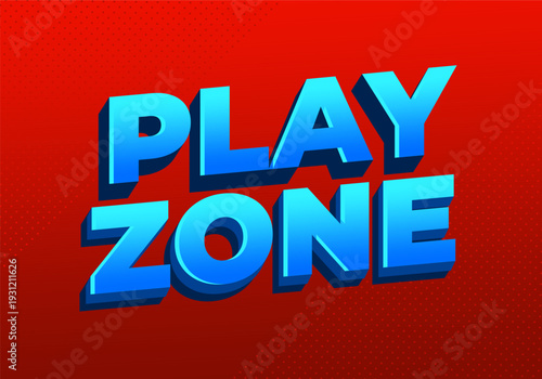Bold 3d blue text play zone on red gradient background with subtle halftone dots, playful energetic gaming poster style.