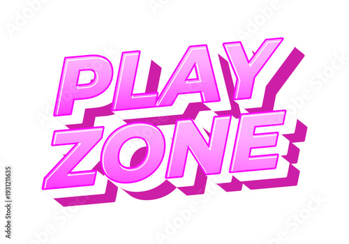 Bold 3d pink text reading play zone with white highlights and strong drop shadow on white background, playful retro style.