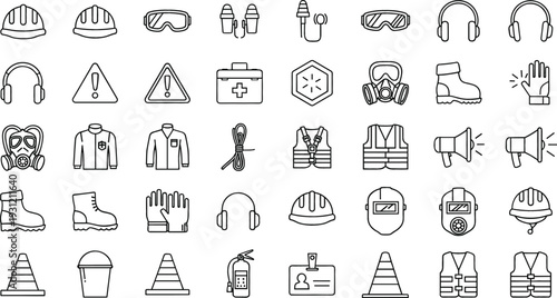 Construction Safety Equipment Icon Set with Helmet Gloves Mask Vest and Warning Symbols in Outline Style