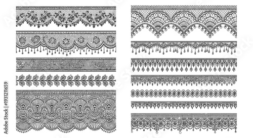 Variety of ornate black lace borders and patterns against a white background