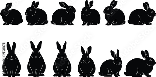 Rabbit silhouettes in side and front views, diverse animal vector illustration, bunny poses with ears upright, wildlife design elements for creative projects