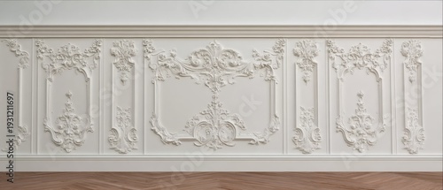 Classic rococo architectural element as a white wall bas-relief with stucco details, suitable for backgrounds in design portfolios, luxury branding, or historical themes.