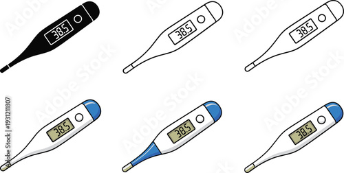 Digital Thermometer Icon Set with Body Temperature Measurement Device in Black White and Blue Styles