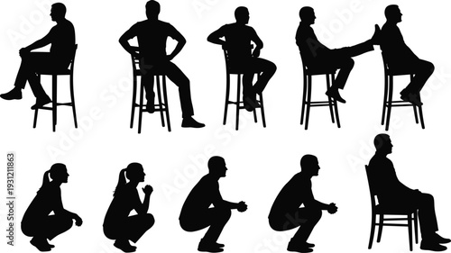 Seated and squatting people silhouettes, diverse human vector illustration, posture variations for design, ergonomics, animation, and creative project elements