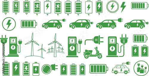 Electric Vehicle and Charging Station Icon Set with EV Car Battery Plug and Renewable Energy Symbols