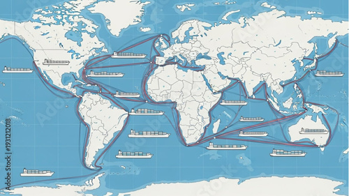 World Map Showing Global Shipping Routes and Container Ships.