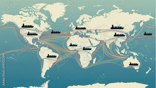World map showing global shipping routes and major ports.