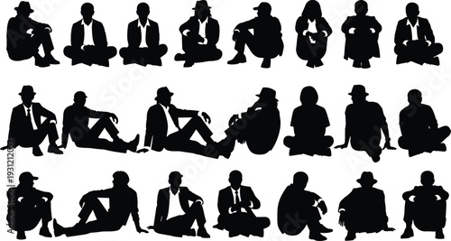 Seated human silhouettes, diverse sitting poses, male and female figures, vector illustration collection for design, art, identity, posture recognition projects