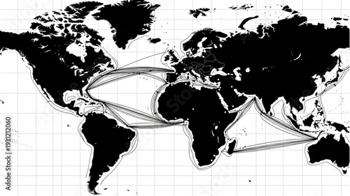 World map showing global shipping routes and trade connections.