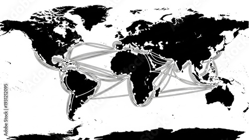 World map showing global trade routes and shipping lanes.