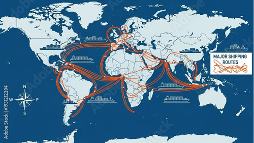 World Map Showing Major Shipping Routes and Trade Lanes.