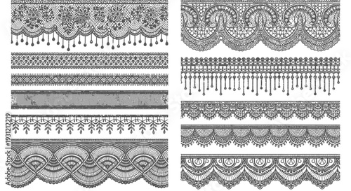 Black and white decorative lace borders and ribbons arranged in vertical rows