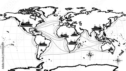World map showing shipping routes and cargo ships.