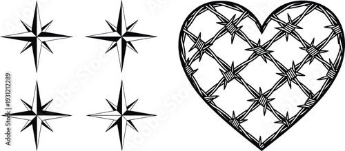 Barbed Wire Heart and Compass Star Icon Set with Sharp Tribal Outline Symbols in Black Line Style