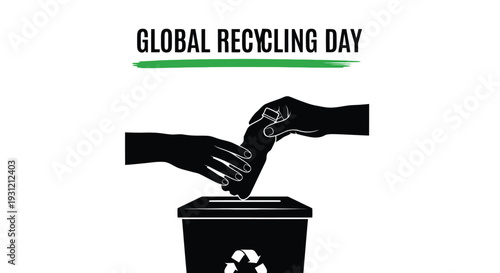 Vector illustration design commemorating global recycling day featuring hands depositing a plastic bottle into a clearly marked recycling container bin.