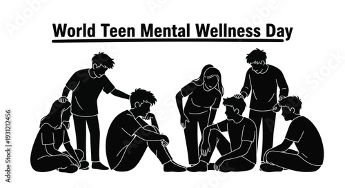 Vector graphic illustration showing supportive teens surrounding a distressed young person during world teen mental wellness day awareness