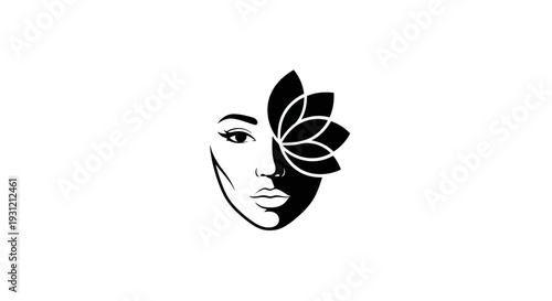 Elegant black and white graphic logo of a woman's face with a lotus flower overlaying one eye, symbolizing beauty, wellness, and purity.