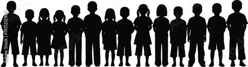 Children silhouettes standing together, diverse heights, casual clothing figures, demographic representation, abstract vector illustration, black design elements art
