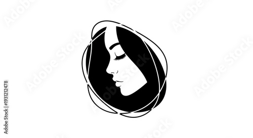Minimalist black and white illustration of a woman's profile enclosed in abstract organic shapes, suggesting contemplation or inner peace.