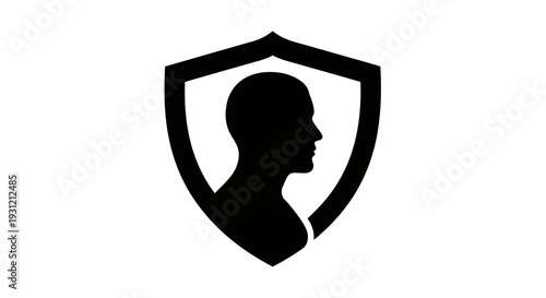 Clean black and white icon of a human head silhouette inside a shield, representing security, protection, identity, or personal safety.